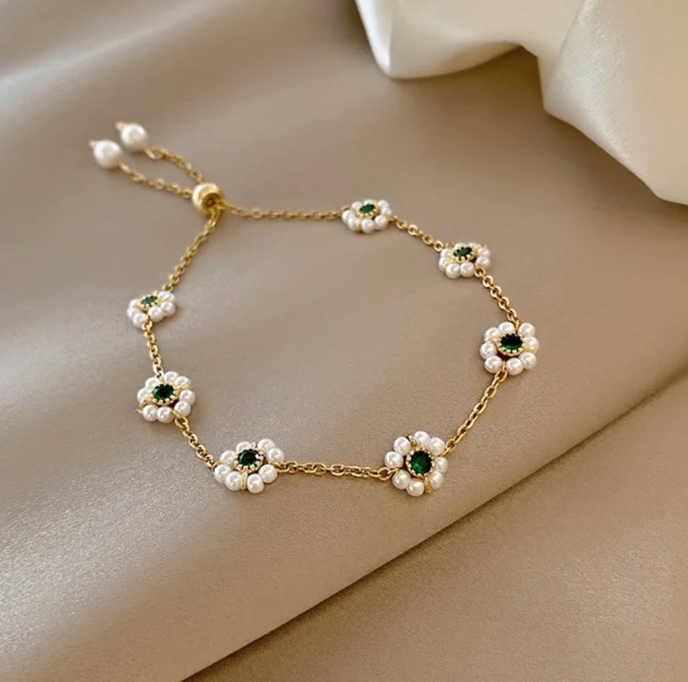 French Retro Green Crystal Pearl Flower Bracelets